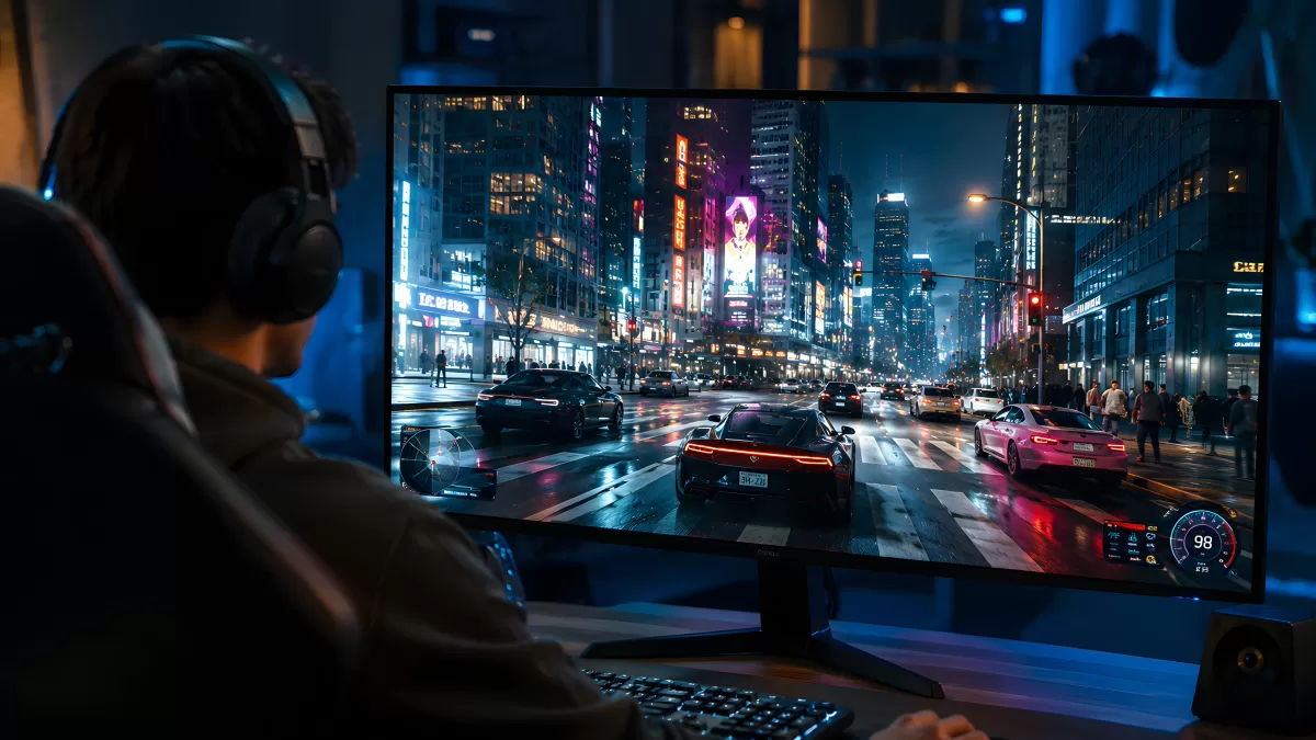 Gamer spielt Rennspiel auf großem Monitor nachts