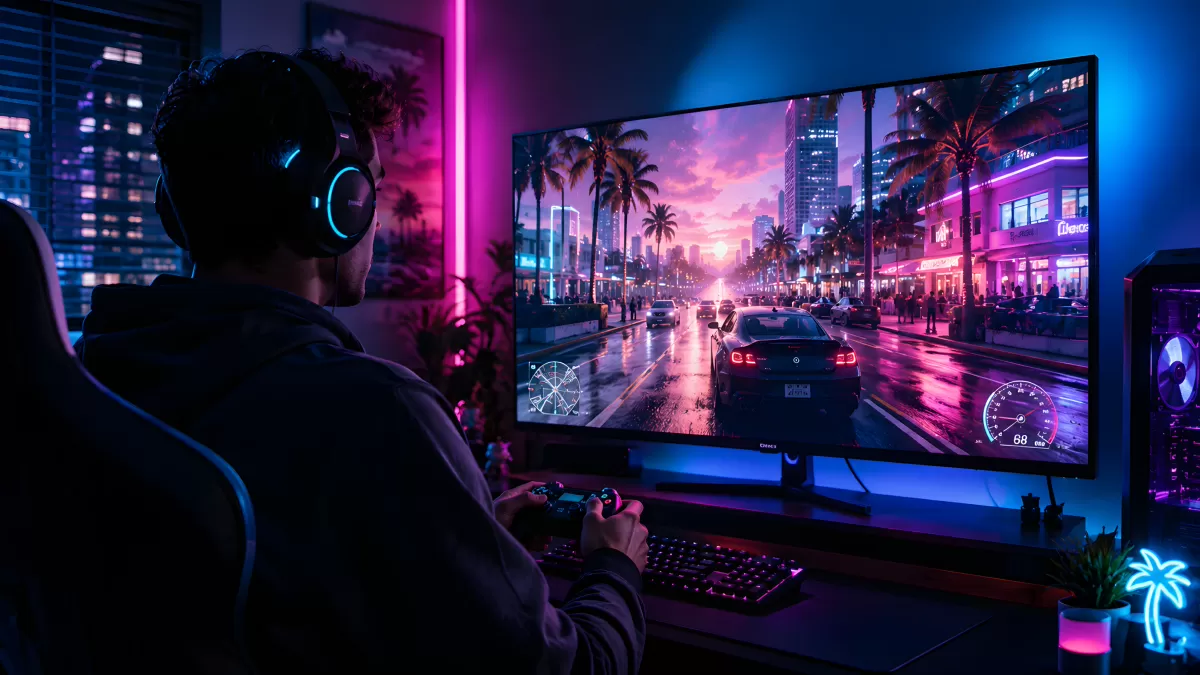 Gamer spielt Rennspiel mit Neon-Beleuchtung am PC
