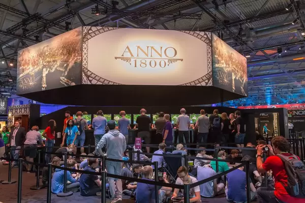Gamers playing Anno 1800 at Gamescom 2018