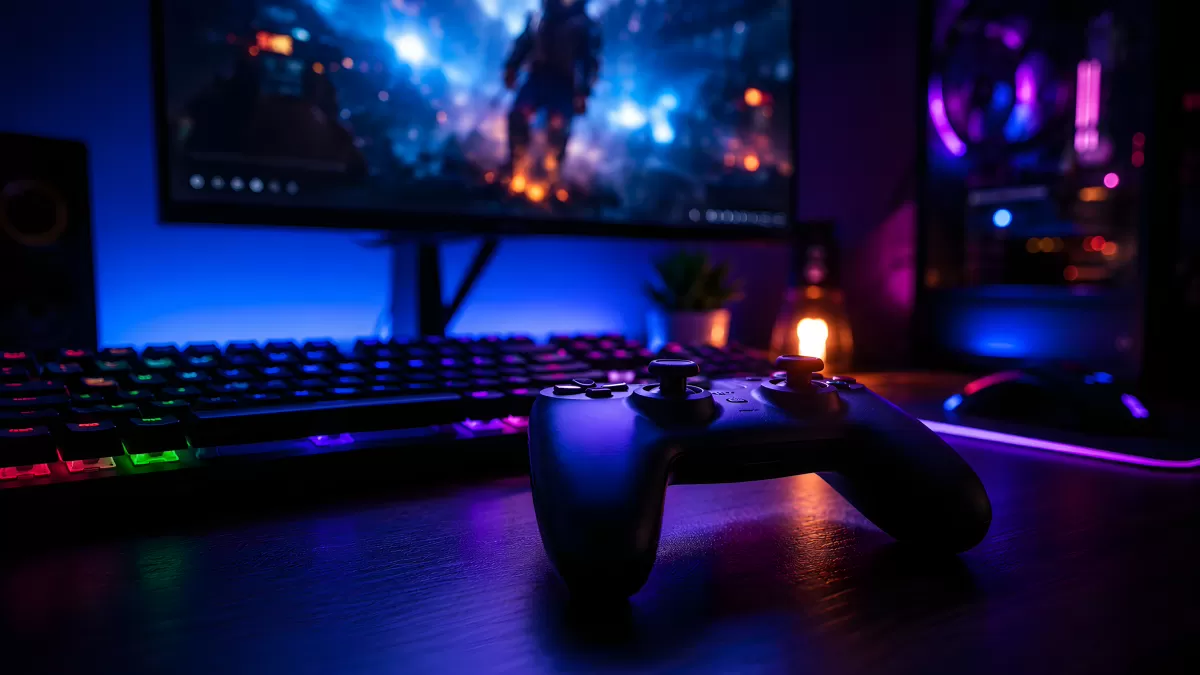 Gaming-Setup mit Controller und RGB-Tastatur im Dunkeln