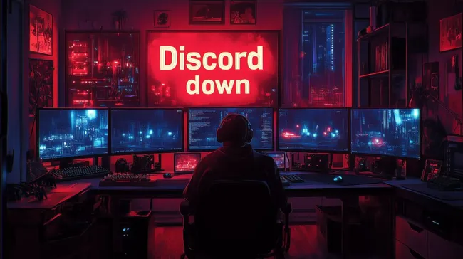 Gaming-Setup mit Discord-Störungsmeldung auf mehreren Bildschirmen