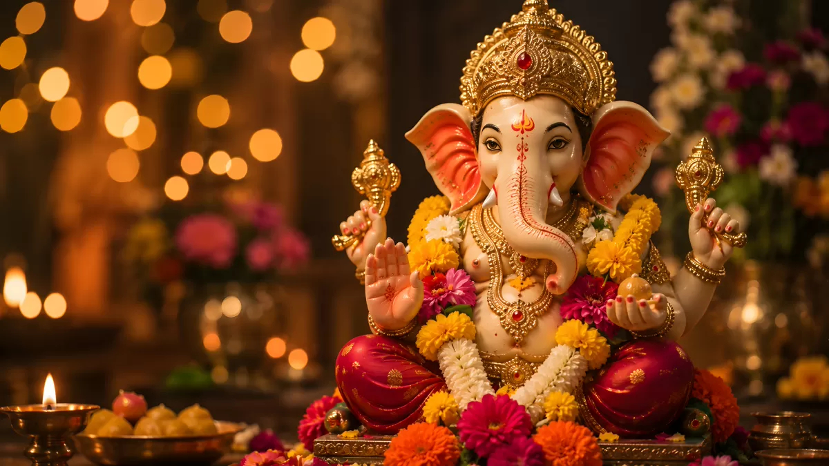 Ganesha-Statue mit Blumengirlanden und Diya-Lichtern