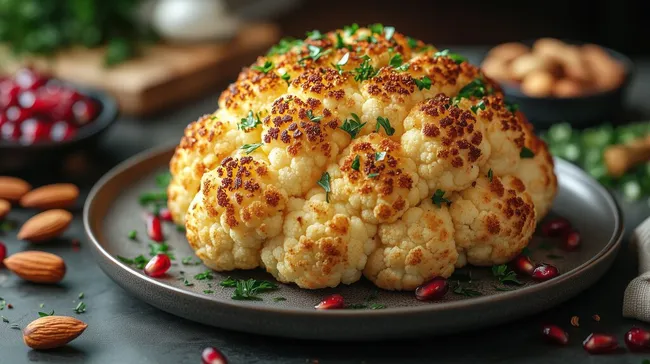 Ganzer, goldbrauner Blumenkopf mit Kräutern garniert