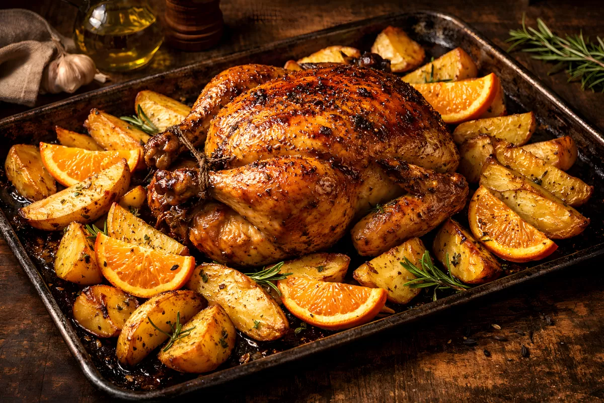 Ganzes Brathähnchen mit Kartoffeln und Orangen