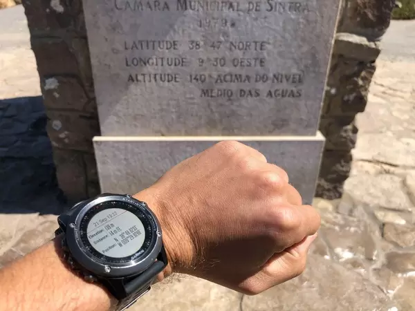 Garmin Smartwatch on wrist at Cabo da Roca with Coordinates