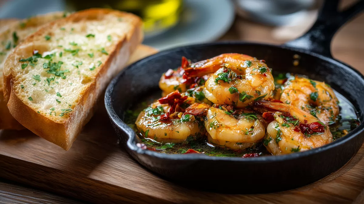 Garnelen in Knoblauchöl mit Chili in Gusseisenpfanne