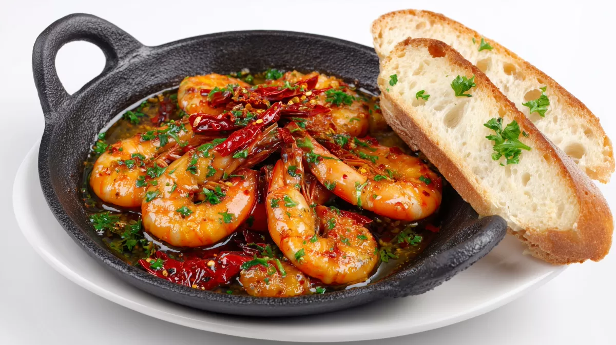Garnelen in Knoblauchöl mit Chili und Baguette