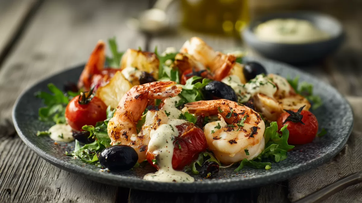 Garnelen-Salat mit Cherrytomaten und Aioli