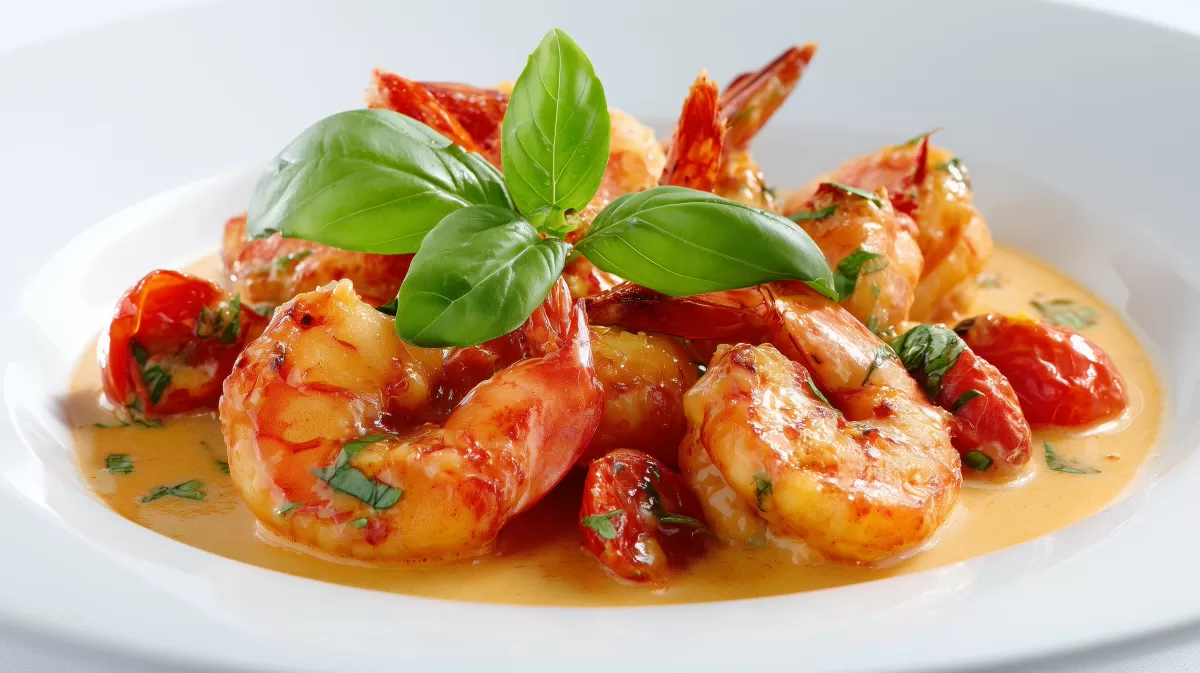 Garnelen Tomaten Sahne Soße mit Basilikum auf Teller
