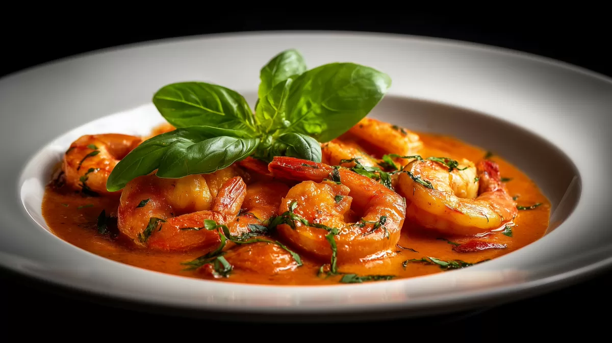 Garnelen Tomaten Sahne Soße mit frischem Basilikum