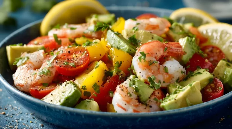 Garnelensalat mit Avocado und Tomaten in Nahaufnahme