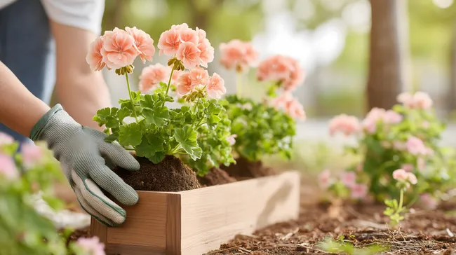 Gartenarbeit: Geranien in Holzkasten pflanzen