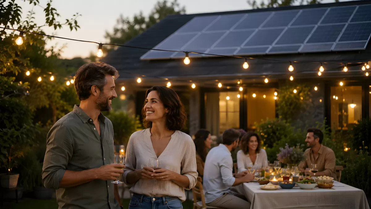 Gartenparty mit Freunden unter Lichterketten
