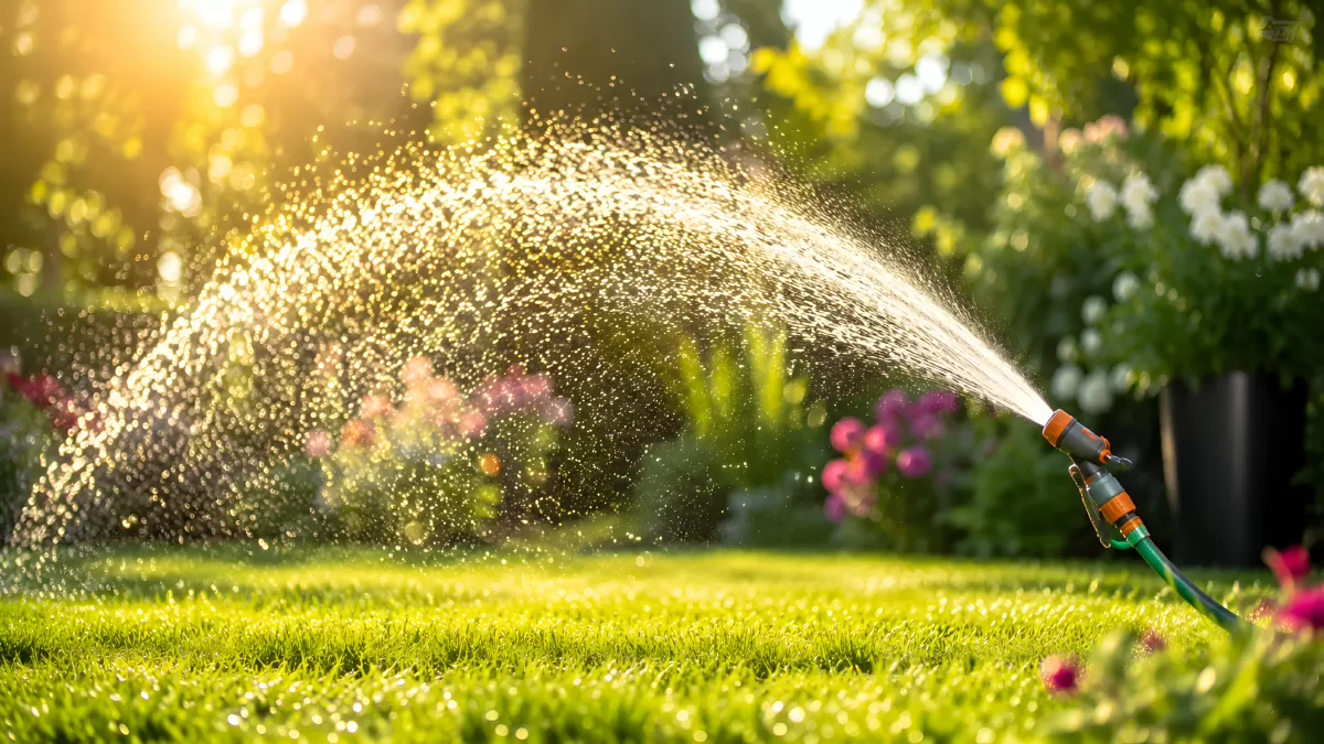 Gartensprenger wässert grünen Rasen im Sonnenlicht