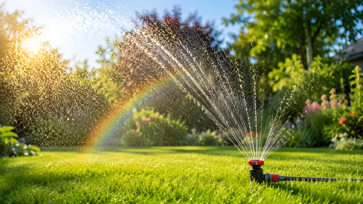 Gartensprinkler mit Regenbogen im sonnigen Garten