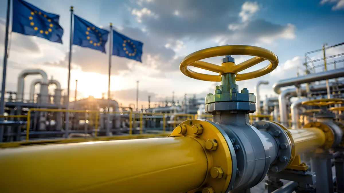 Gasleitung mit EU-Flaggen an Industrieanlage