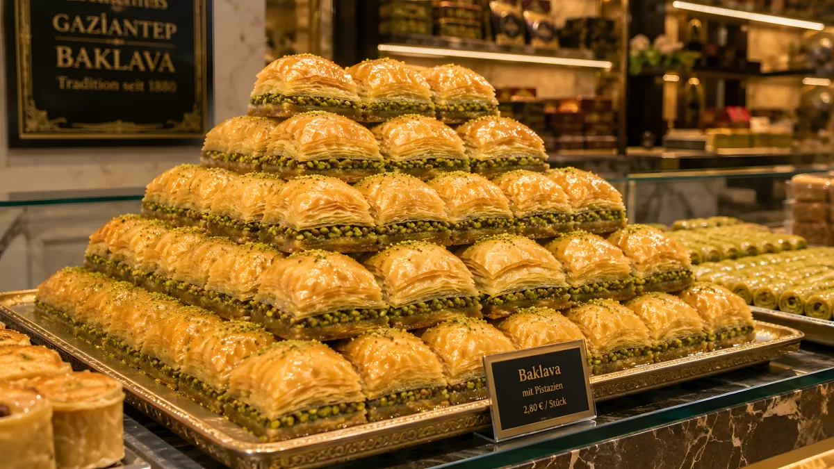 Gaziantep Baklava mit Pistazien in Auslage