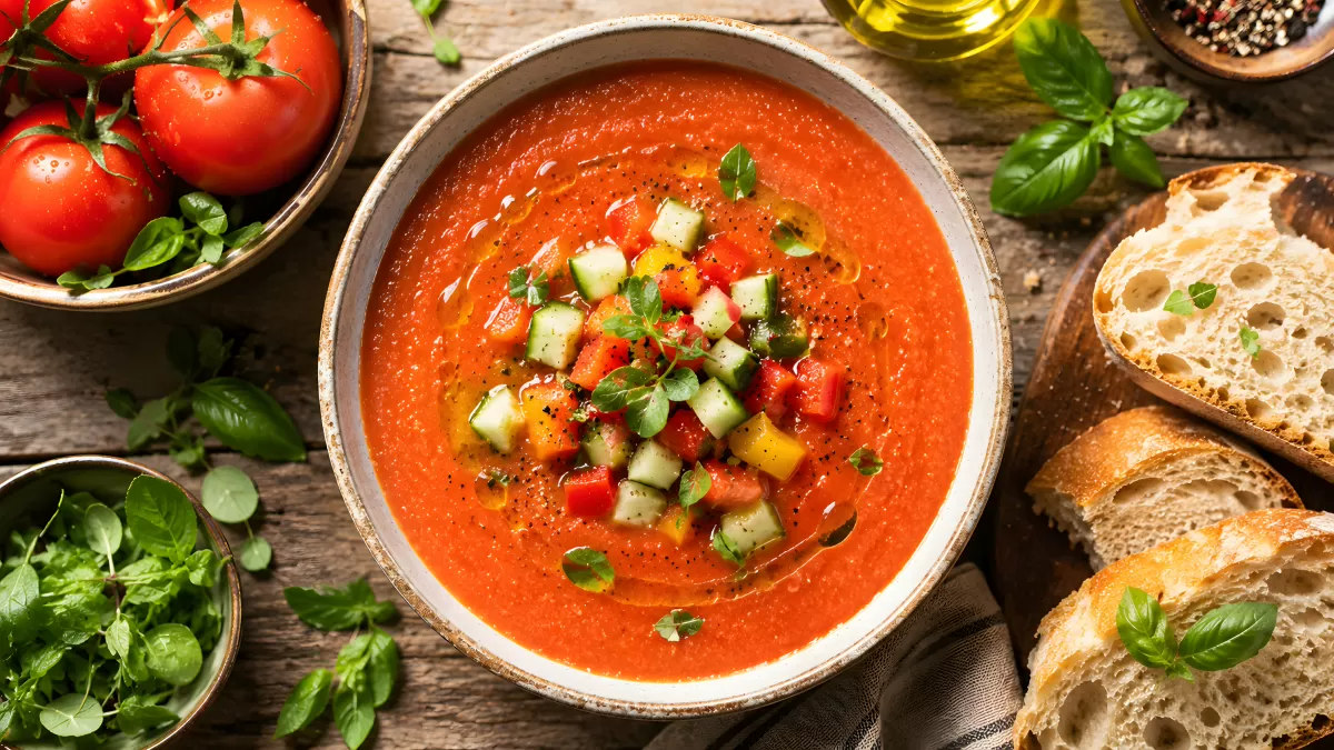 Gazpacho in Schüssel mit Gemüse und Brot von oben