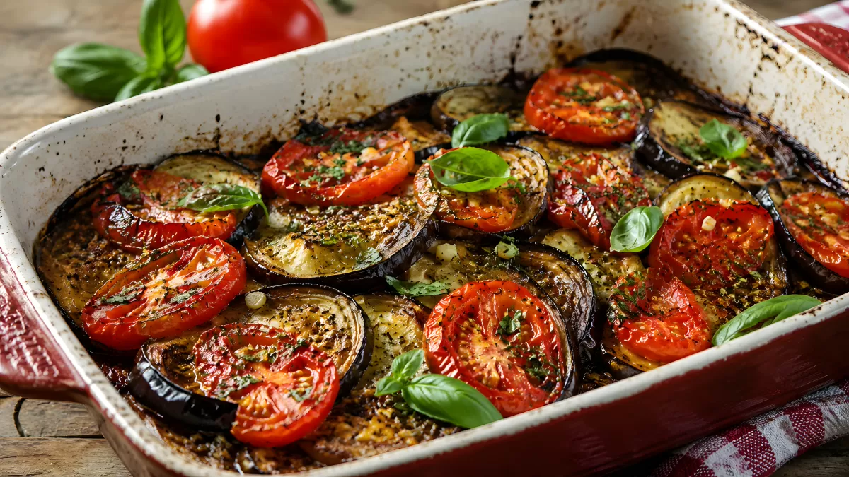 Gebackene Auberginen mit Tomaten im Ofenblech