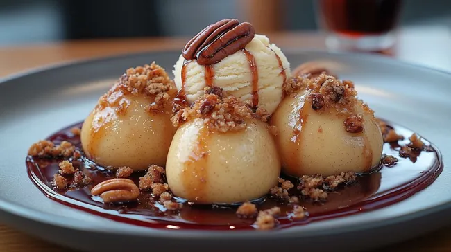 Gebackene Birnen mit Eis und Karamellsauce