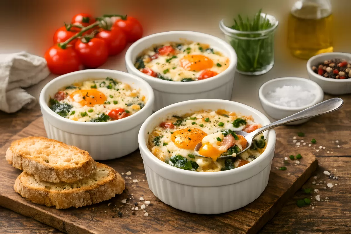 Gebackene Eier in Förmchen mit Spinat und Tomaten
