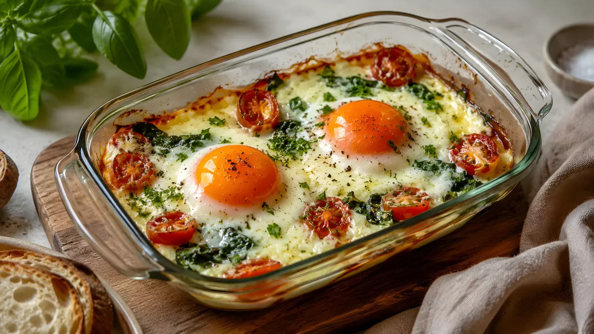 Gebackene Eier mit Spinat und Tomaten in Auflaufform