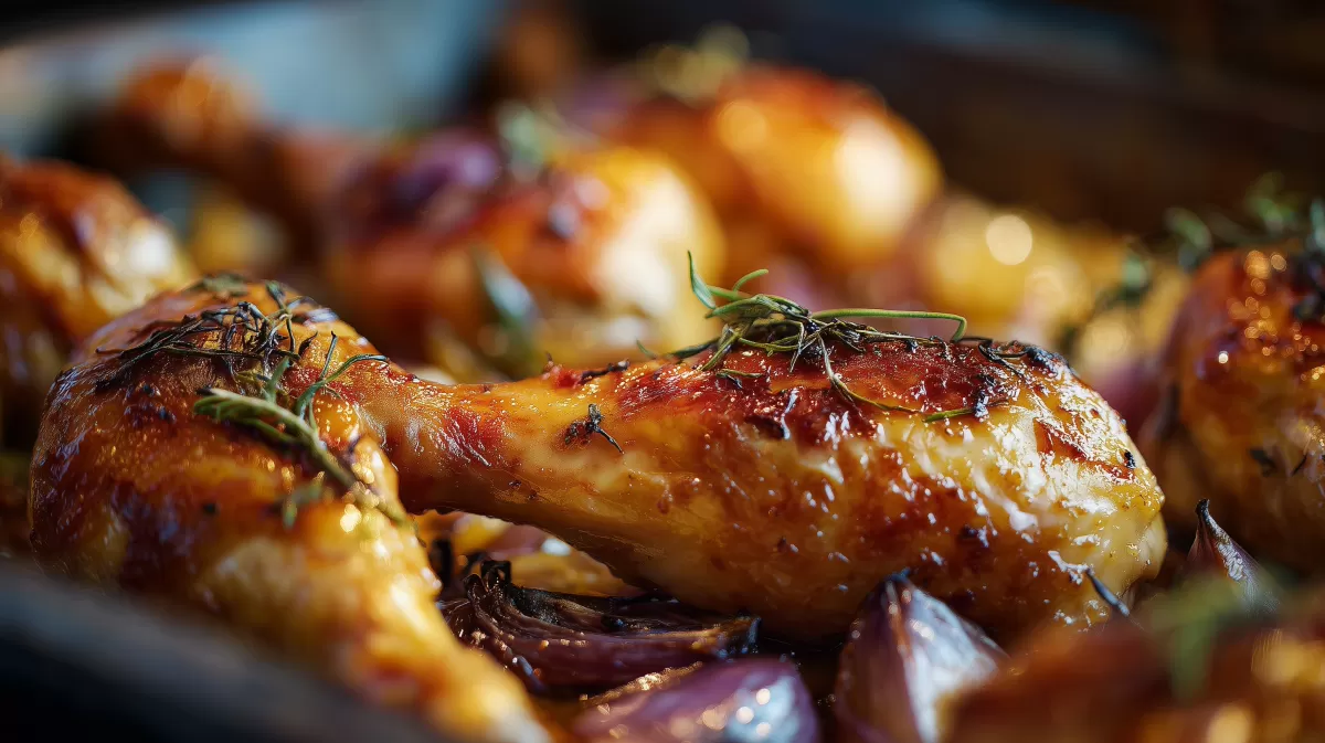 Gebackene Hühnchenkeulen mit Thymian und roten Zwiebeln