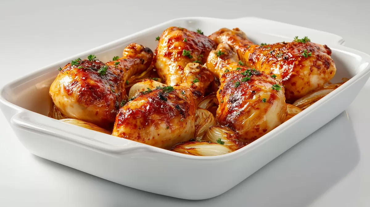 Gebackene Hühnchenkeulen mit Zwiebeln in Auflaufform