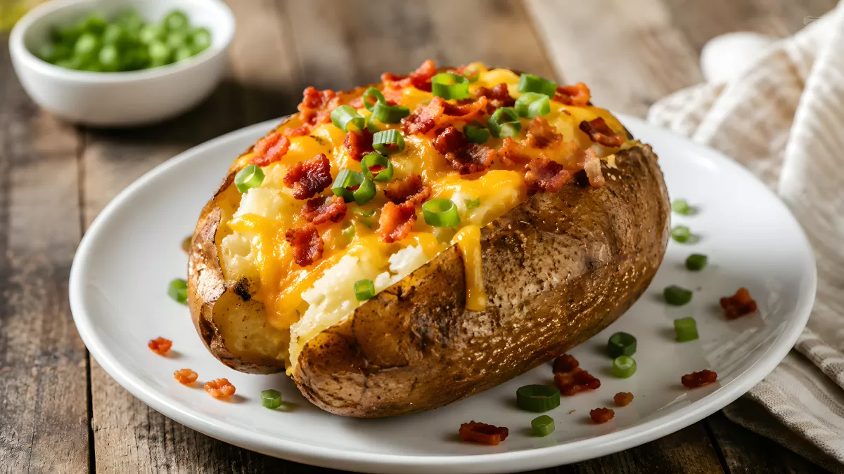 Gebackene Kartoffel mit Käse, Speck und Frühlingszwiebeln