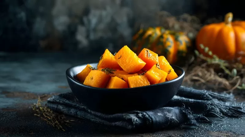 Gebackene Kürbisstücke in schwarzer Schale mit Küchentuch