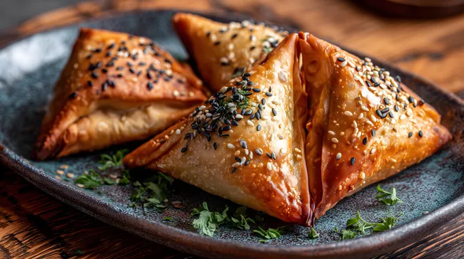 Gebackene Samosas mit Sesam und Kräutern