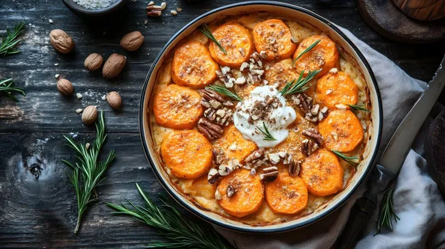 Gebackene Süßkartoffeln mit Nüssen und Kräutercreme