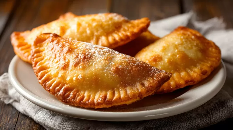 Gebackene Teigtaschen auf weißem Teller mit Puderzucker