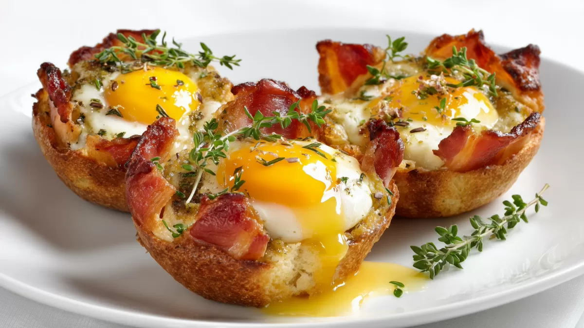 Gebackene Toast Muffins mit Ei und Speck auf Teller
