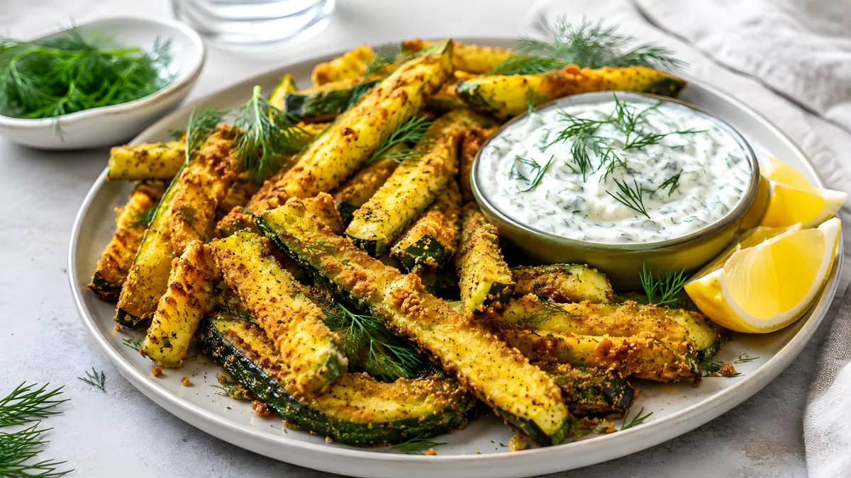 Gebackene Zucchinisticks mit Kräuter-Dip und Zitrone
