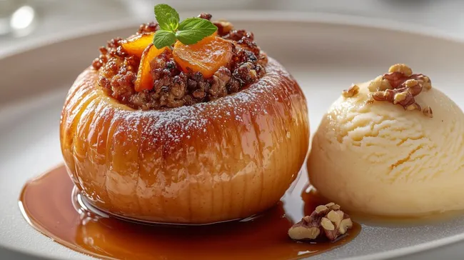 Gebackener Apfel mit Nussfüllung und Vanilleeis