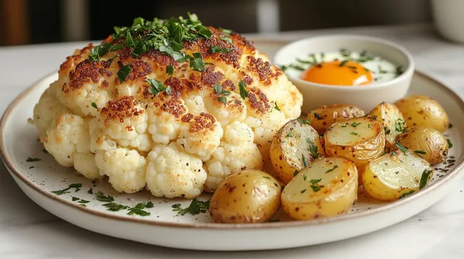 Gebackener Blumenkohl mit knuspriger Kruste und Ofenkartoffeln