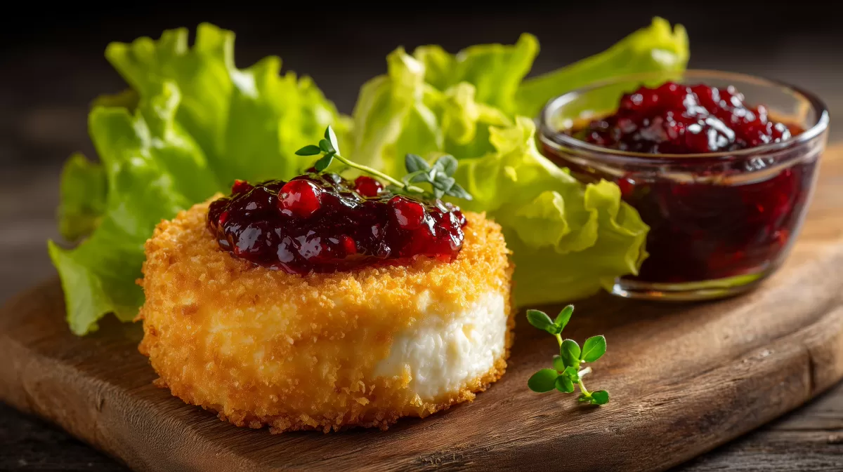 Gebackener Camembert mit Preiselbeeren auf Holzbrett
