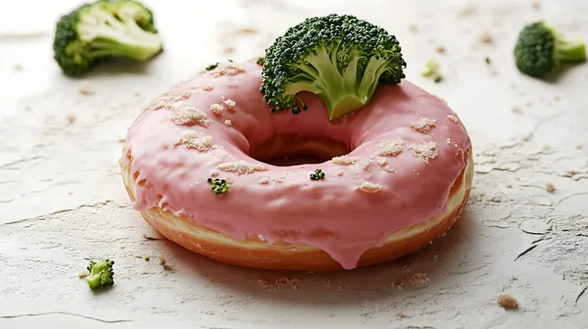 Gebackener Donut mit rosa Glasur und Brokkoli