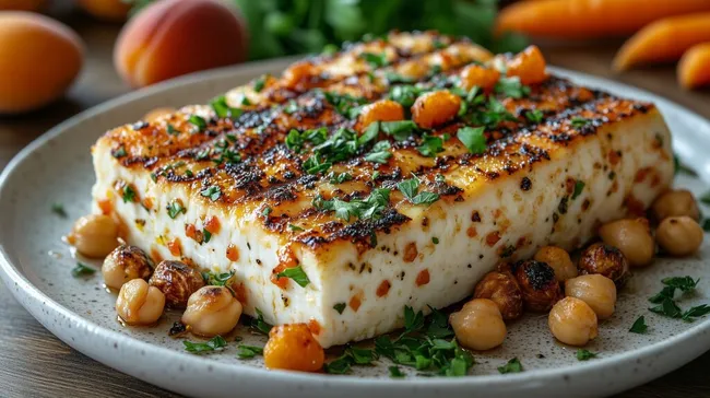 Gebackener Feta mit karamellisierten Aprikosen und Kichererbsen