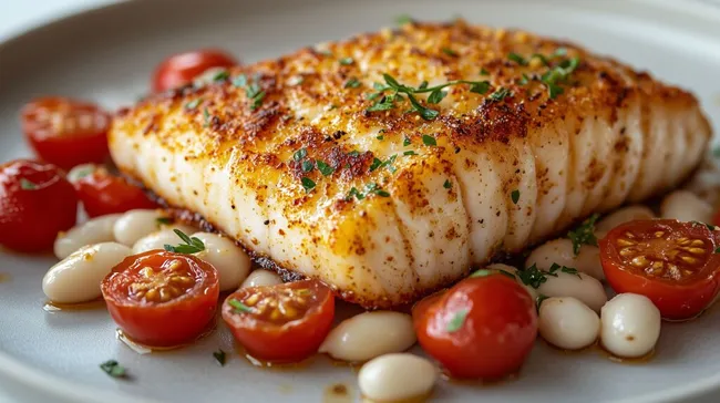 Gebackener Kabeljau mit Tomatensalat und weißen Bohnen