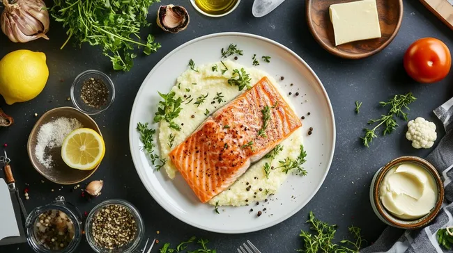 Gebackener Lachs auf Blumenkohlpüree mit Kräutern