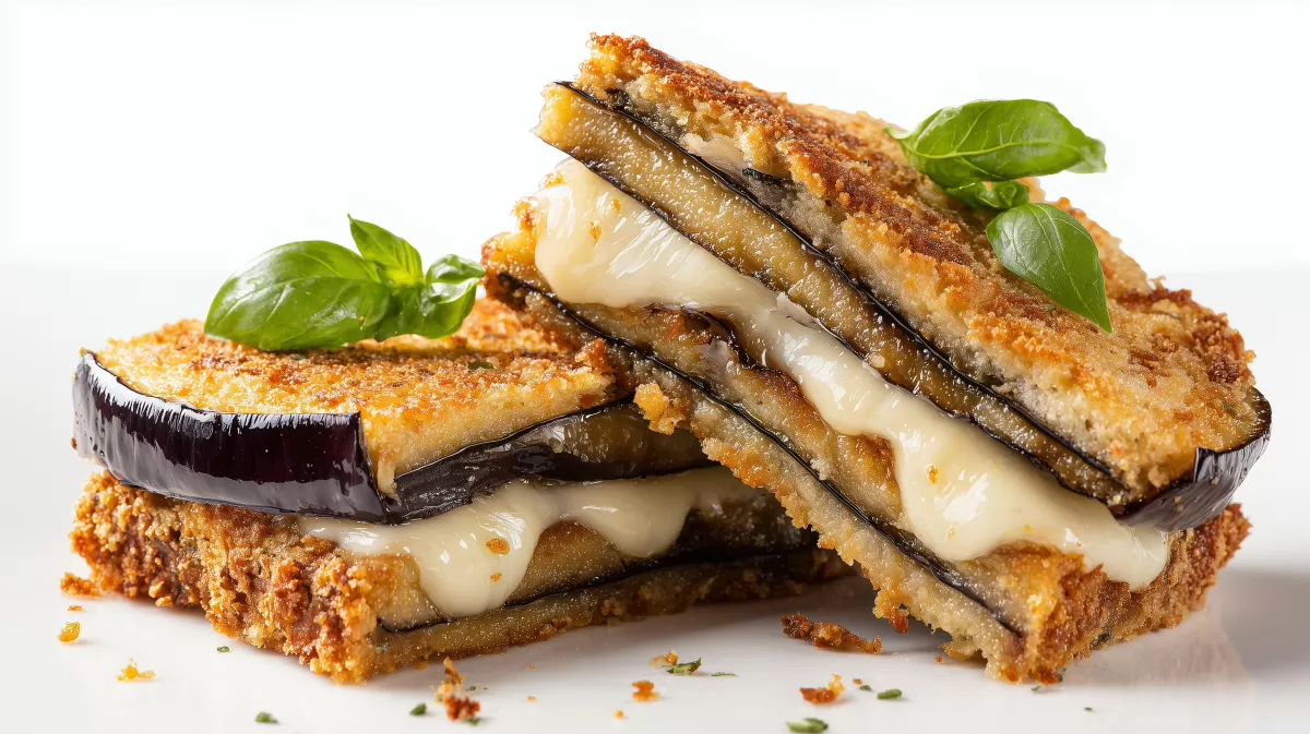 Gebackenes Auberginen Sandwich mit Käse und Basilikum