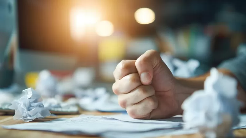 Geballte Faust auf Schreibtisch mit verstreuten Papieren