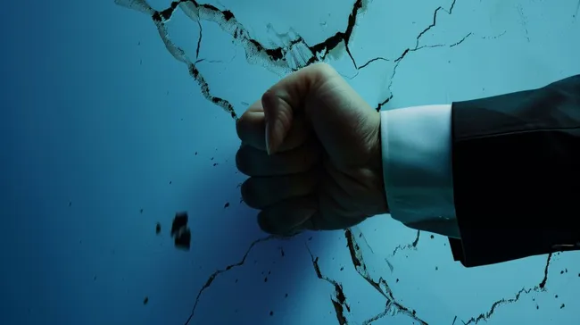 Geballte Faust durchbricht gesprungene Wand