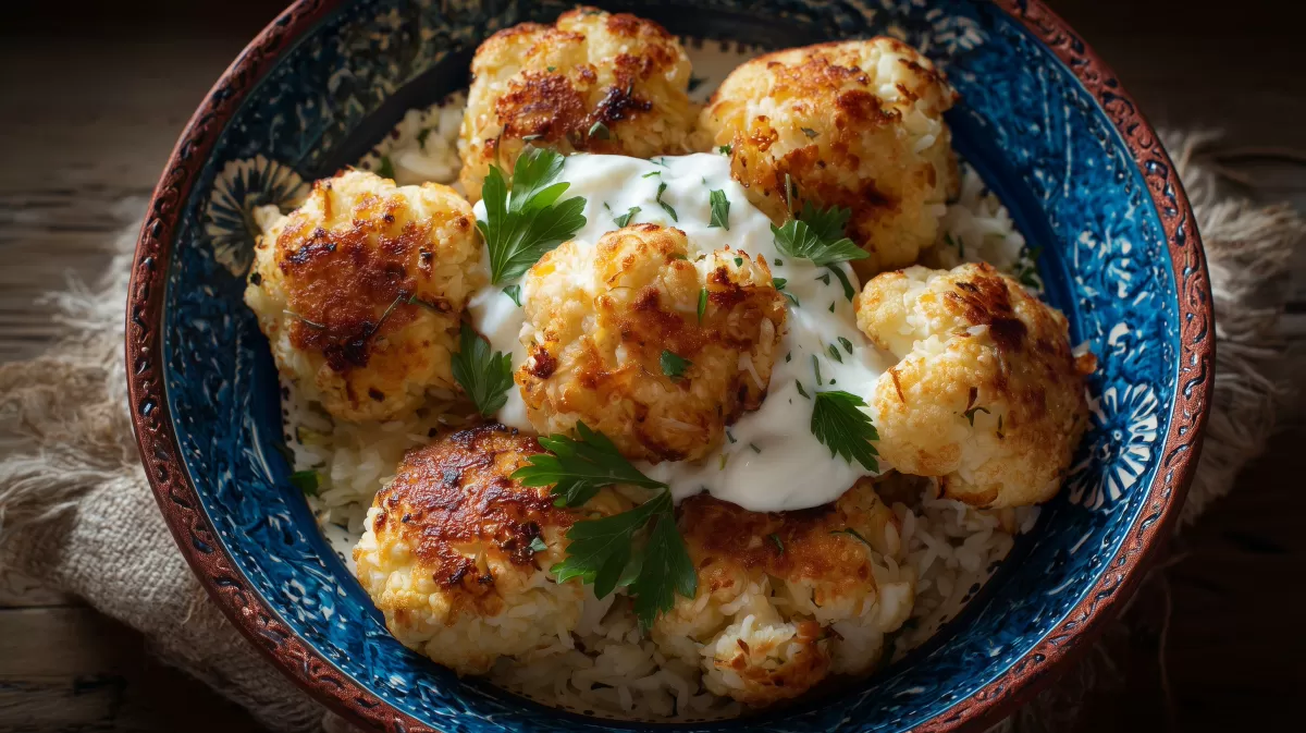 Gebratene Blumenkohlröschen mit Reis und Joghurt