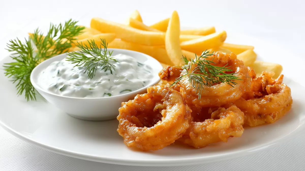Gebratene Calamari mit Knoblauchcreme und Pommes