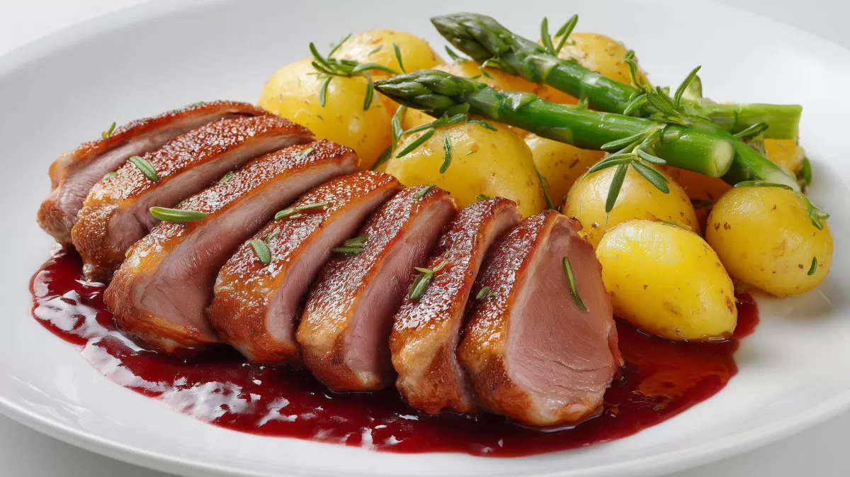 Gebratene Ente mit Kirschsauce und Rosmarinkartoffeln