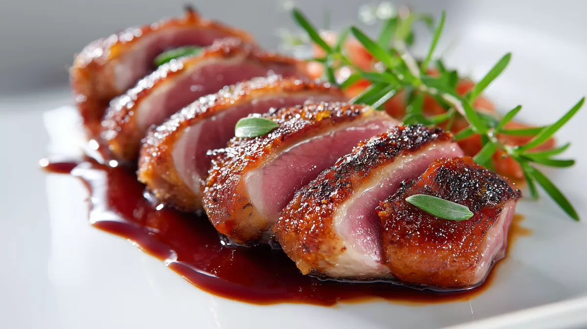 Gebratene Entenbrust mit Rotweinsauce auf Teller