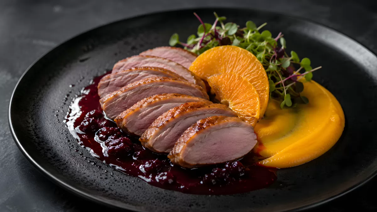 Gebratene Entenbrust mit Rotweinsoße und Orangenpüree